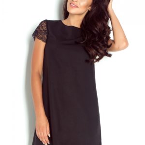 TRAPEZOWA SUKIENKA BETTY Z KORONKOWYM RĘKAWEM - CZARNY