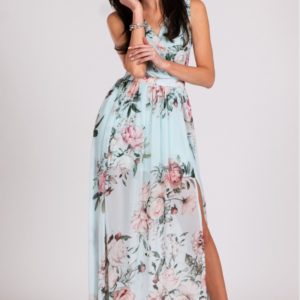 Wzorzysta maxi sukienka z rozcięciem na nodze D04