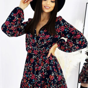 Mini sukienka w kwiaty Avena - GRANATOWY