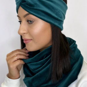 Zielony welurowy komplet opaska i komin - ZIELONY