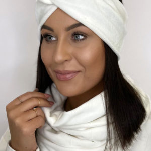 Śmietankowy welurowy komplet opaska i komin - ŚMIETANKOWY