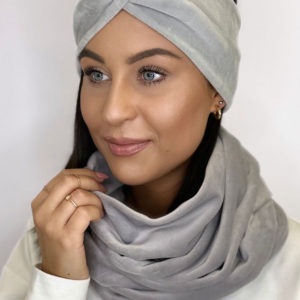 Szary welurowy komplet opaska i komin - SZARY